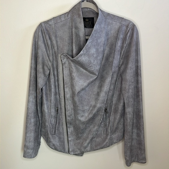 SW3 Bespoke GRAY SUEDE LEATHER-LOOK FAUX MOTO BIKER JACKET Size Large - Picture 5 of 14